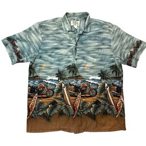 KY'S Hawaiian‎ shirt with a motorcycle and beach theme made in USA - XL